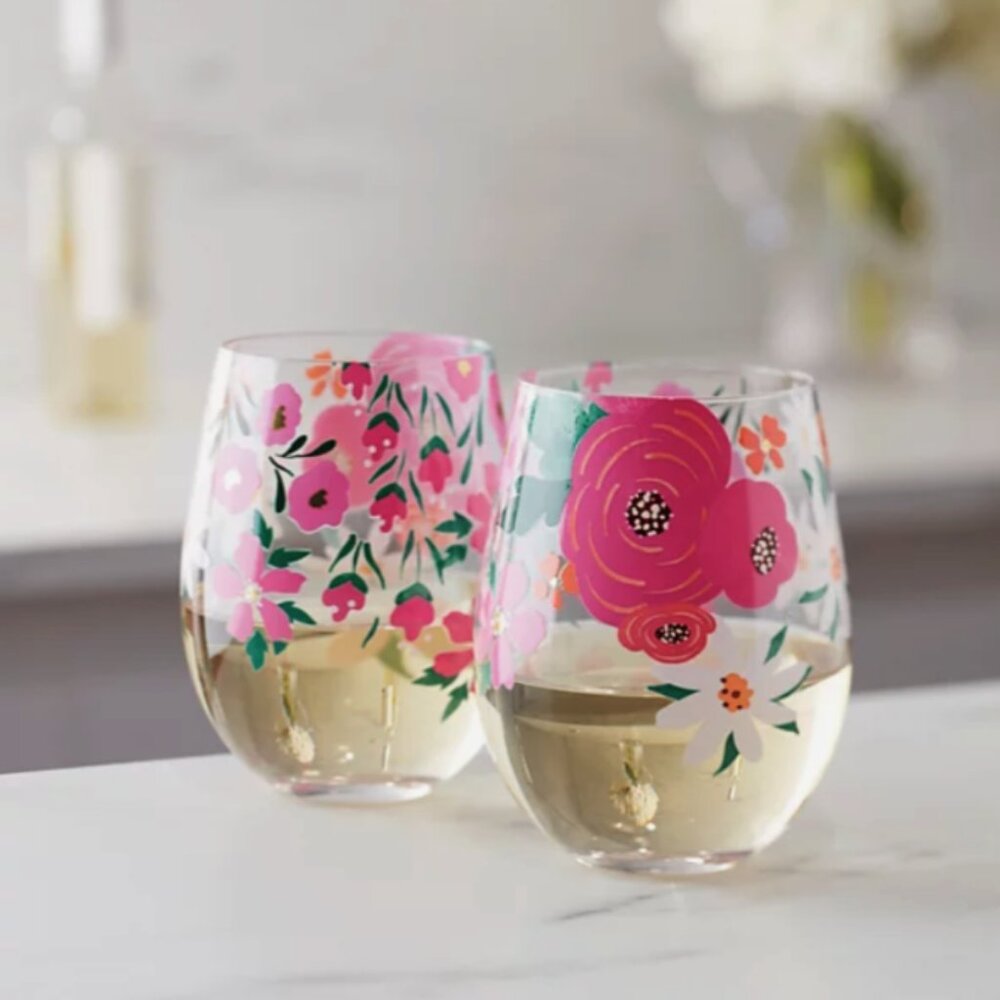 Cambridge Floral Bright Stemless Wine Glasses, Set of 2 - Multi